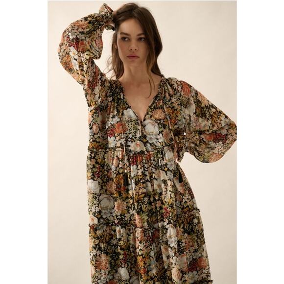 Promesa Black Size Small Floral V-Neck Chiffon Midi Dress - Picture 5 of 9